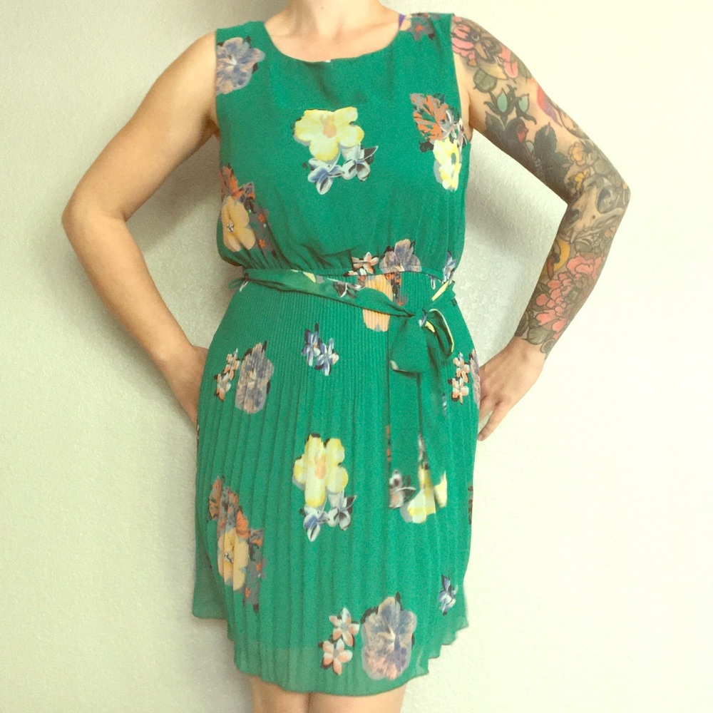 Women’s Green Flower Floral Pleated Vintage Dress